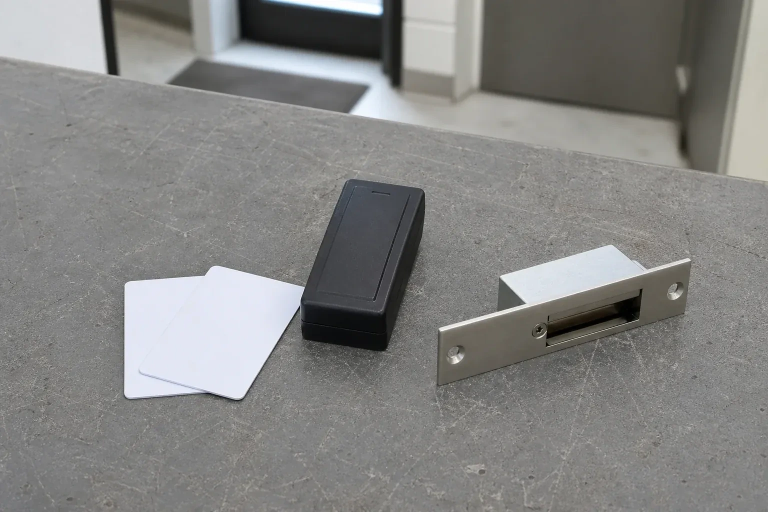 Detached card reader, two plain cards and an electric-strike component on a service bench. — Access Control Installation, Uxbridge