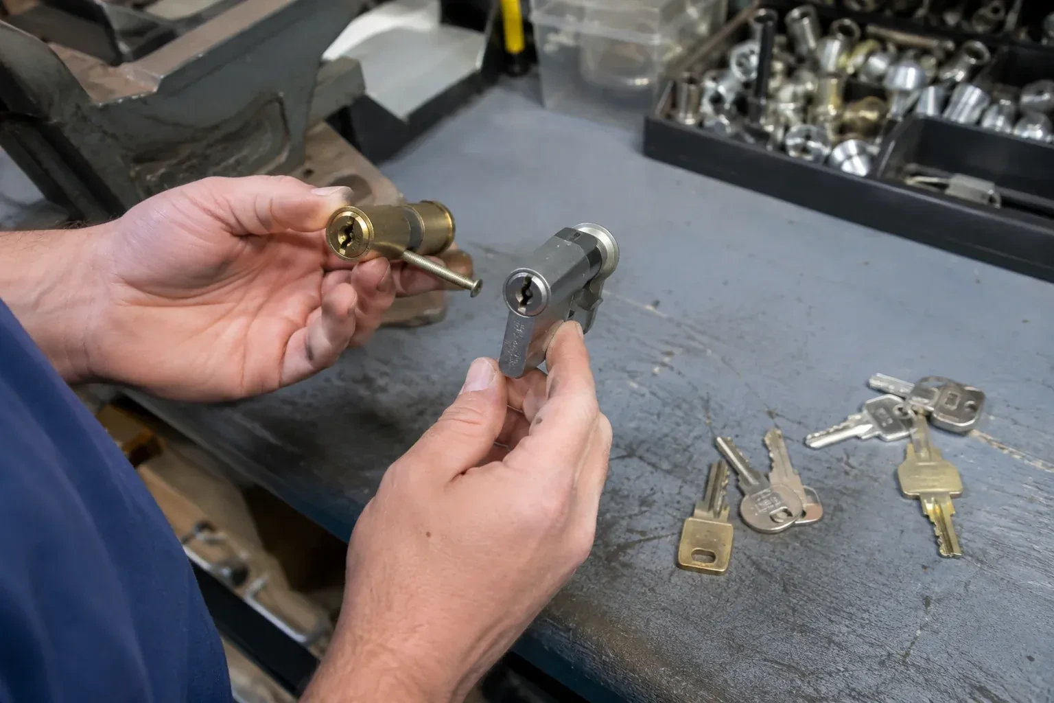 Hands comparing detached lock cylinders beside loose keys on a workbench. — Broken Key Extraction, Uxbridge
