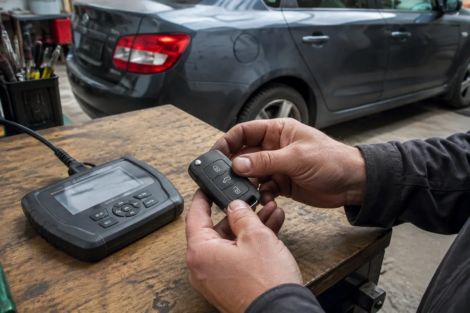 Hands holding a black car key fob above a workbench, beside a wired handheld device with a screen. — Car Key Replacement, Uxbridge
