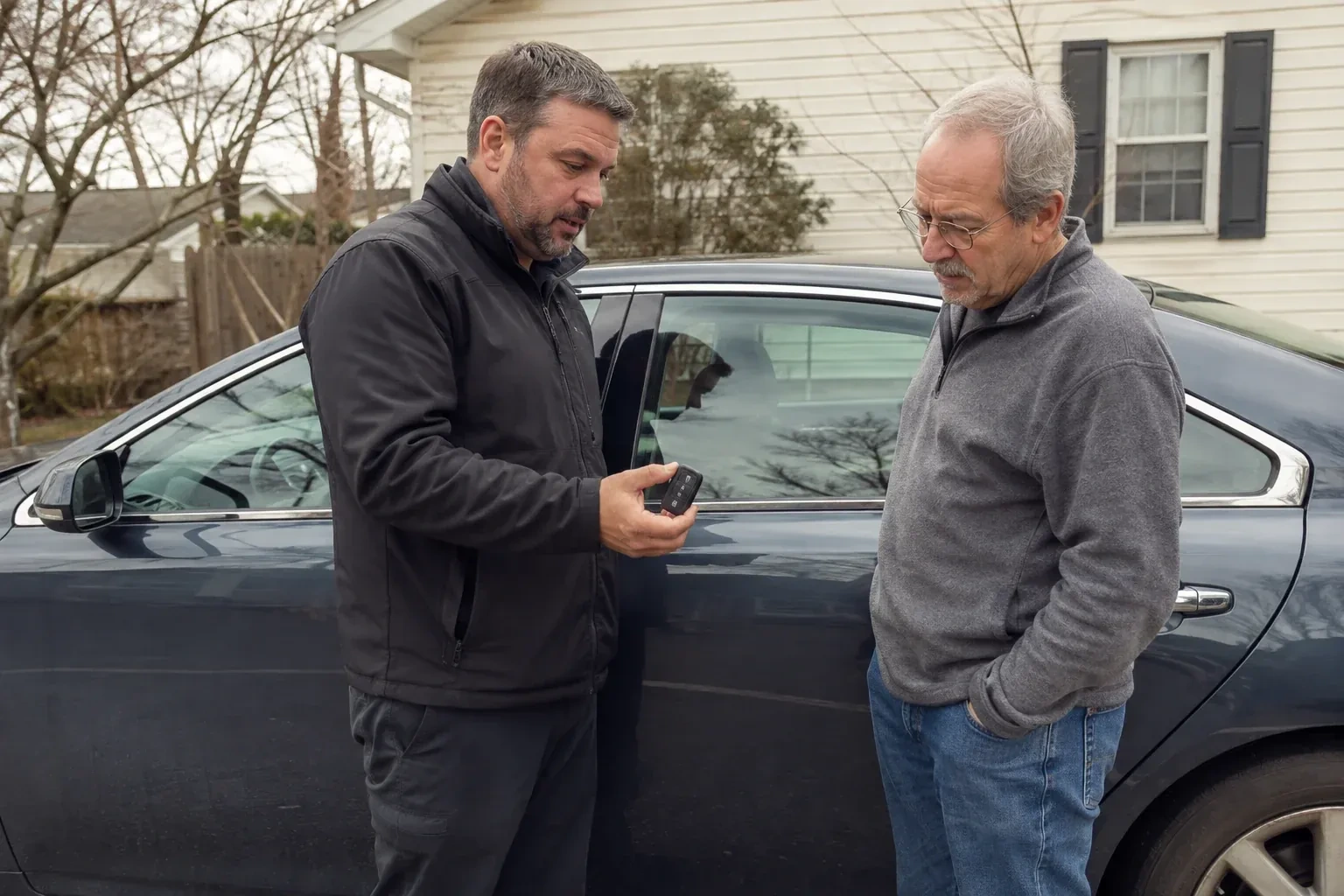 Two people beside a dark sedan, one holding up a black key fob. — Car Lockout Service, Uxbridge