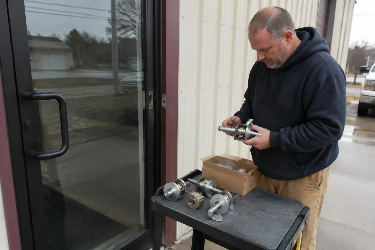 Person holding a door-handle assembly beside a glazed entrance, with more handle and lock components on a cart. — Commercial-Grade Lock Replacement, Uxbridge