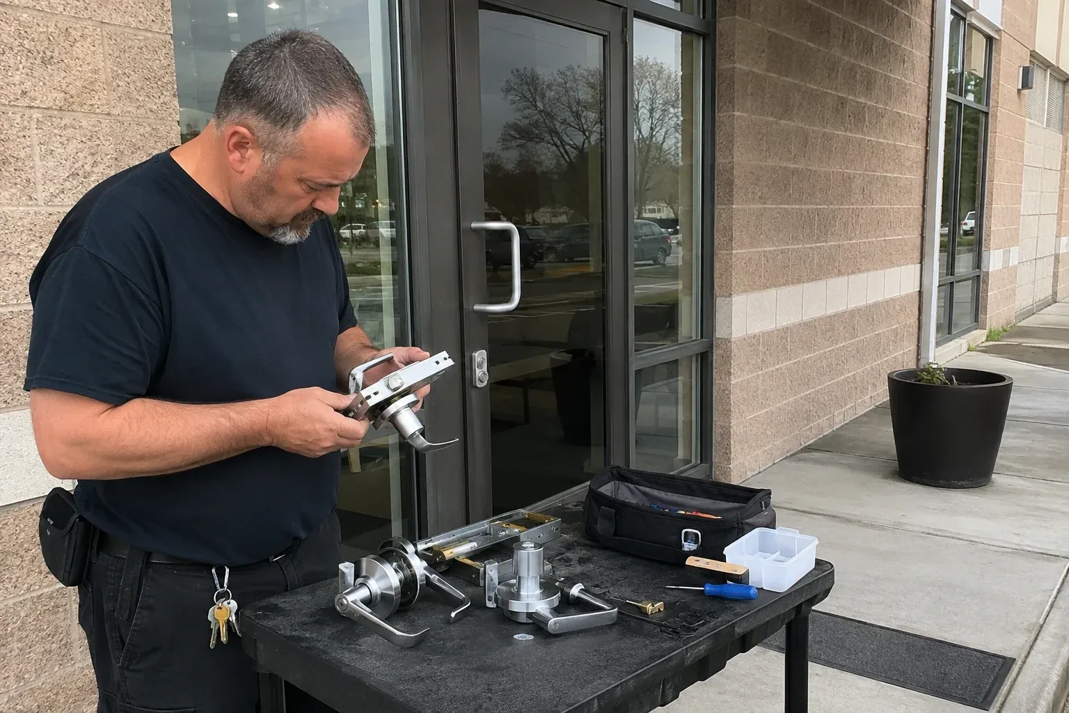 Person holding a door-handle and latch assembly at a worktable outside a glass entrance, with additional handles and tools laid out. — Commercial Rekeying, Uxbridge