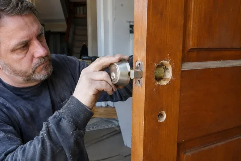 Person holding a silver-colored lock beside an open wooden door with exposed circular holes and a latch at its edge. — Deadbolt Installation, Uxbridge