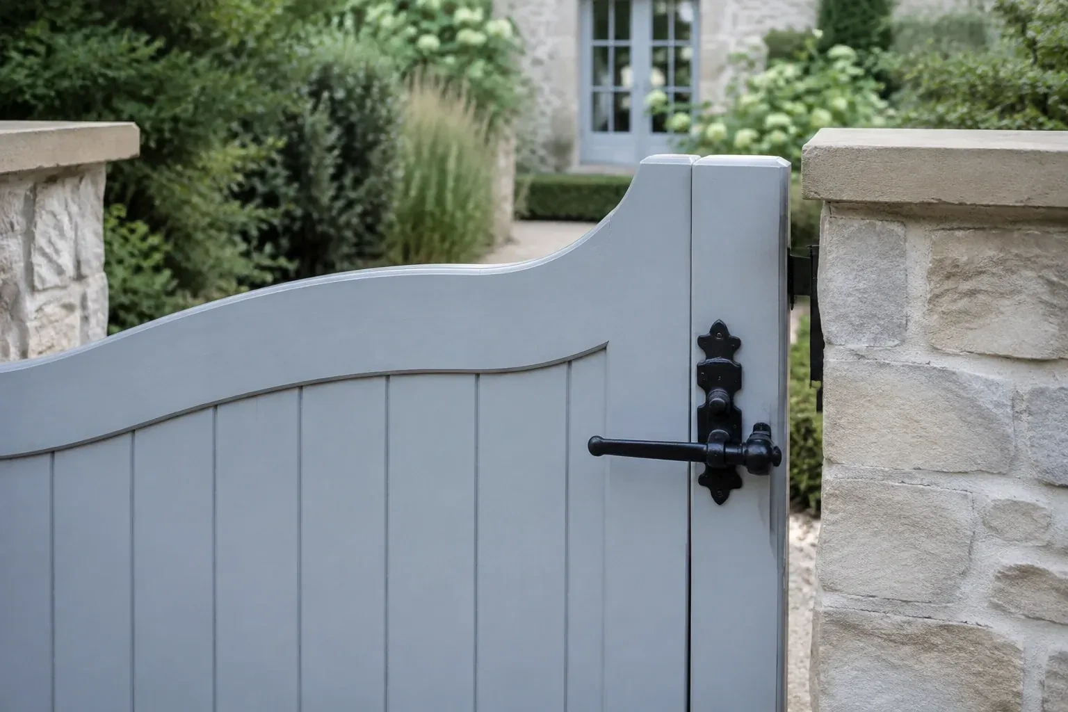 Pale blue garden gate with a black lever latch between light stone pillars. — Gate & Building Entry Locks, Uxbridge