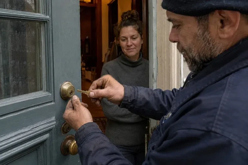 Person holding a key beside a brass-colored deadbolt on an open painted door while another person watches from inside. — Home Lockout Service, Uxbridge