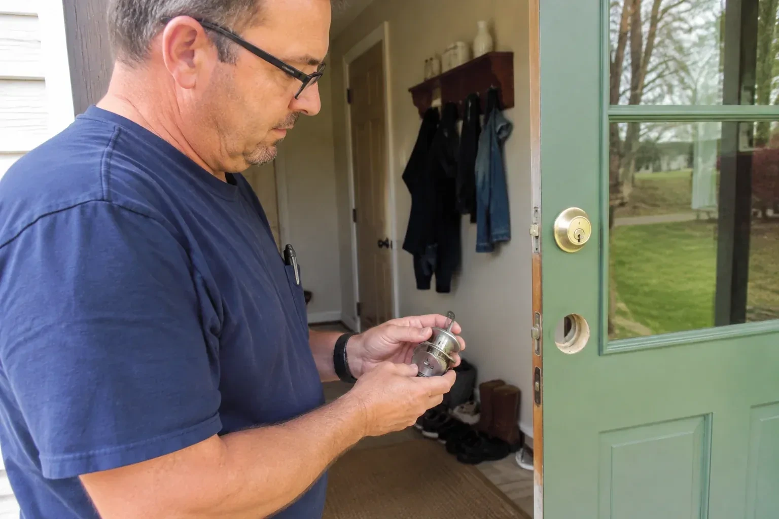 Person holding a cylindrical door-lock assembly beside an open green glazed door with its lower lock opening exposed. — Seized & Jammed Lock Opening, Uxbridge