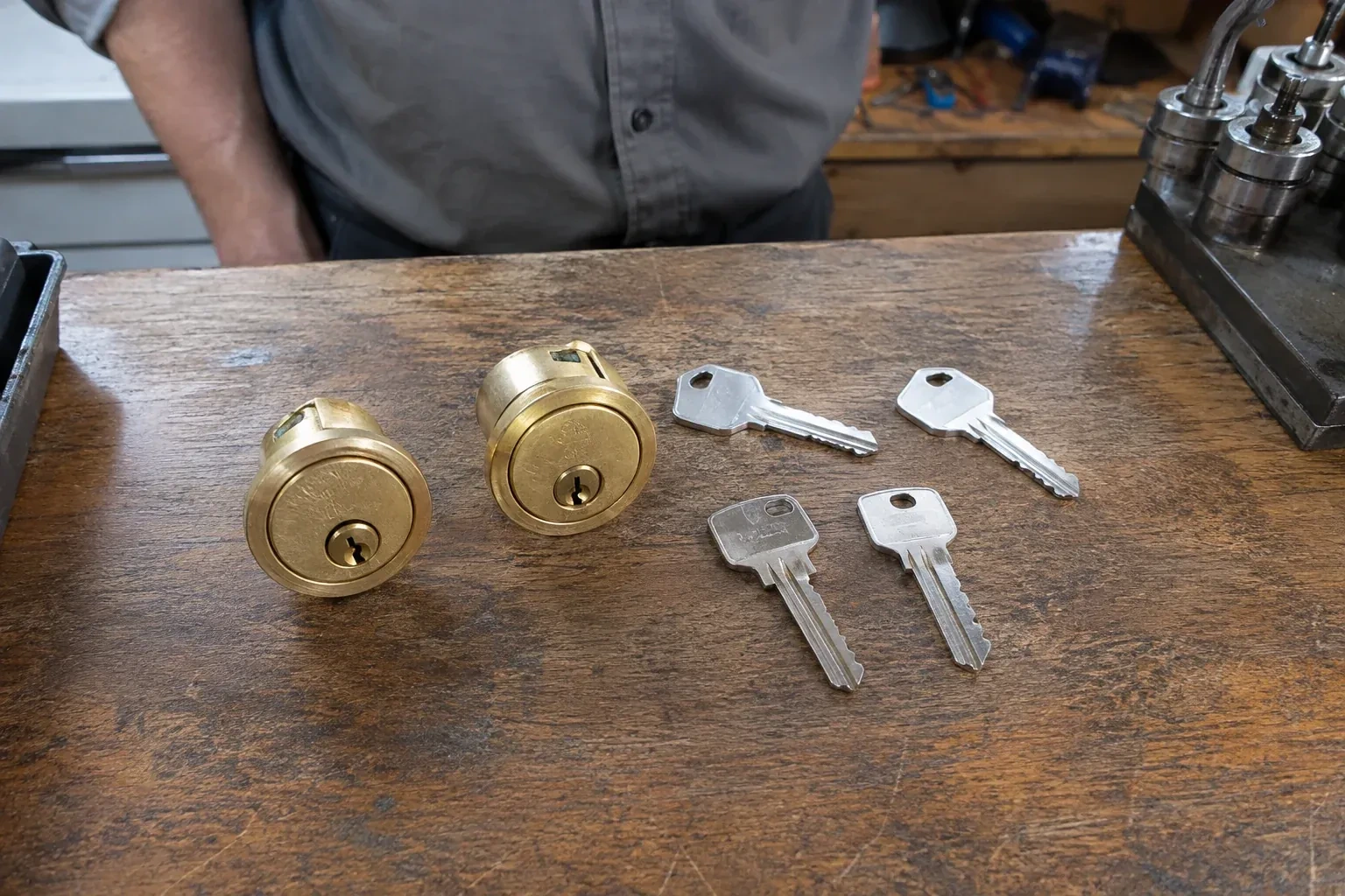 Two detached brass lock cylinders and four house keys on a wooden counter. — Lock Rekeying, Uxbridge