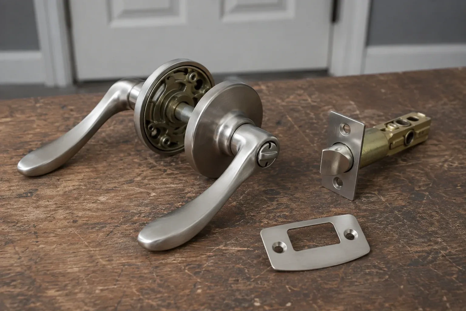 Detached satin-nickel lever hardware, tubular latch and strike plate on a wooden workbench. — Lock Replacement & Upgrade, Uxbridge