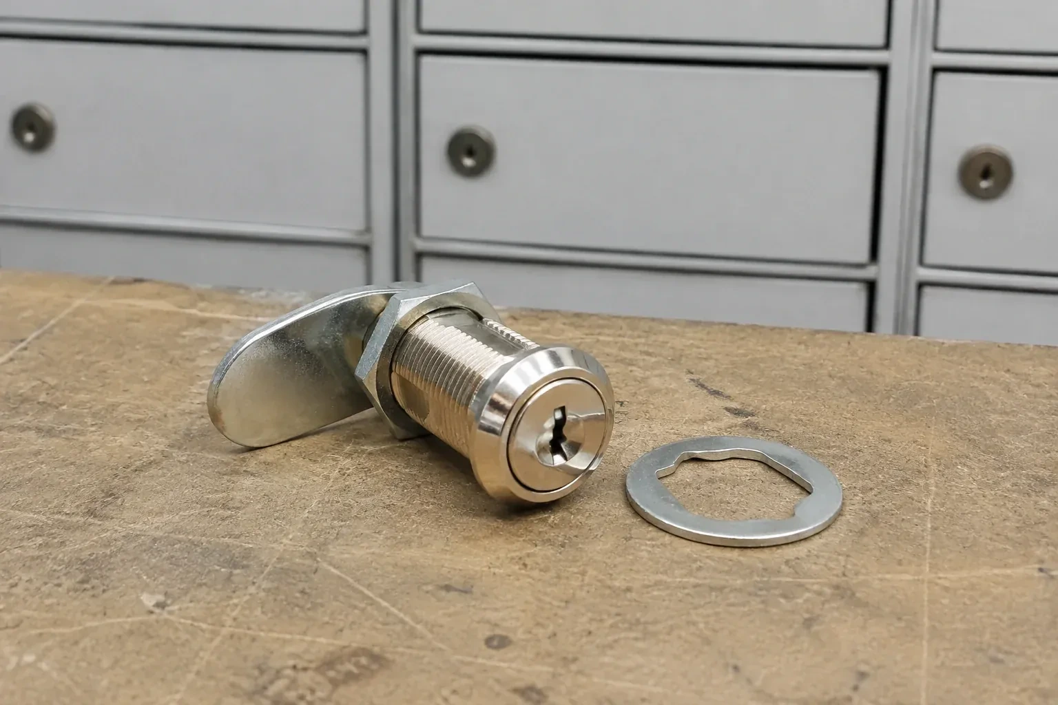 Detached threaded cam lock and mounting washer on a workbench in front of closed mail compartments. — Mailbox Lock Replacement, Uxbridge