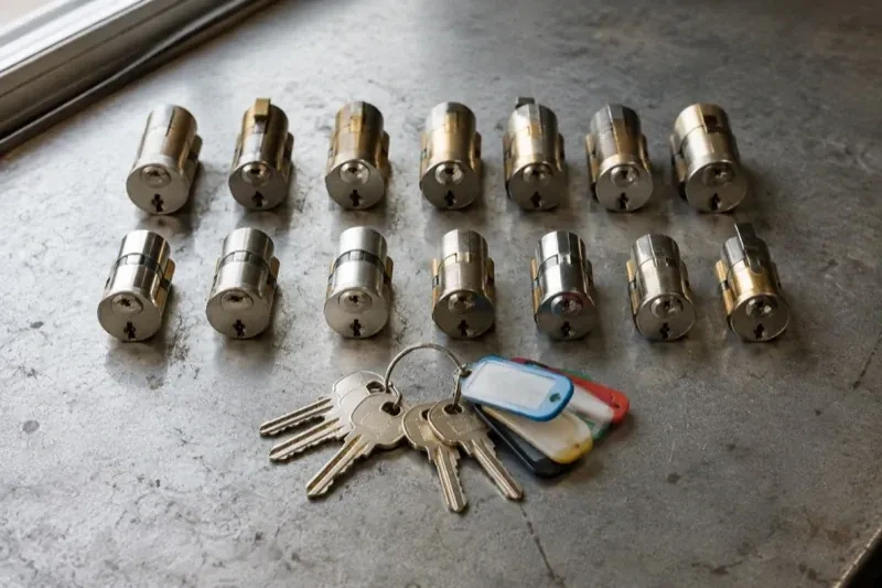 Two rows of lock cylinders on a metal surface with keys and colored key tags in front. — Master Key System Design, Uxbridge