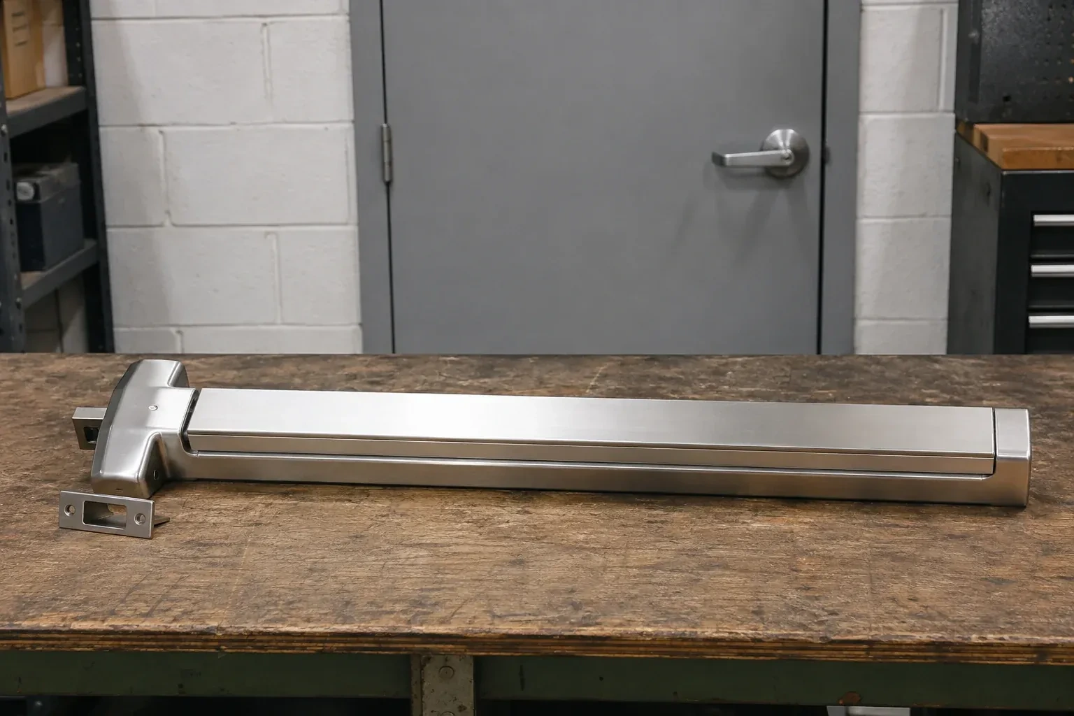 Detached horizontal exit device and separate strike component on a workshop bench. — Panic & Exit Hardware, Uxbridge