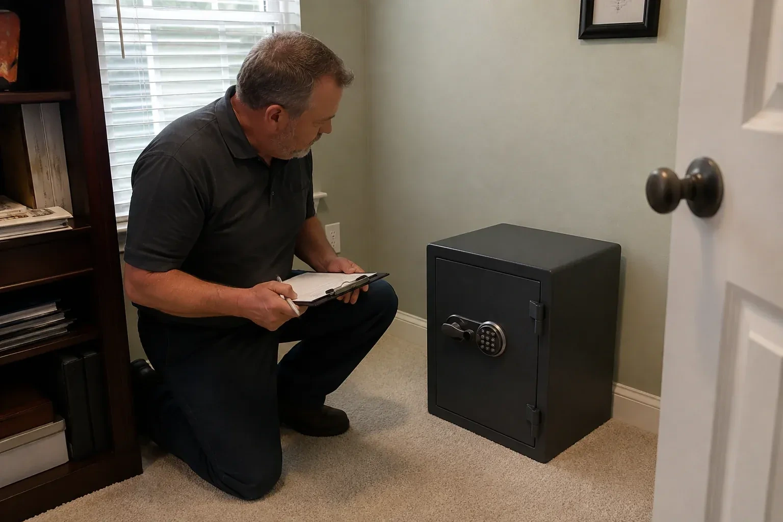 Person holding a clipboard beside a closed black safe with a circular keypad in a carpeted room. — Safe Installation & Servicing, Uxbridge