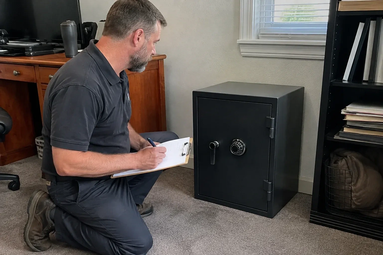 Person writing on a clipboard while kneeling beside a closed black safe with a numbered combination dial in a home office. — Safe Opening & Combination Change, Uxbridge