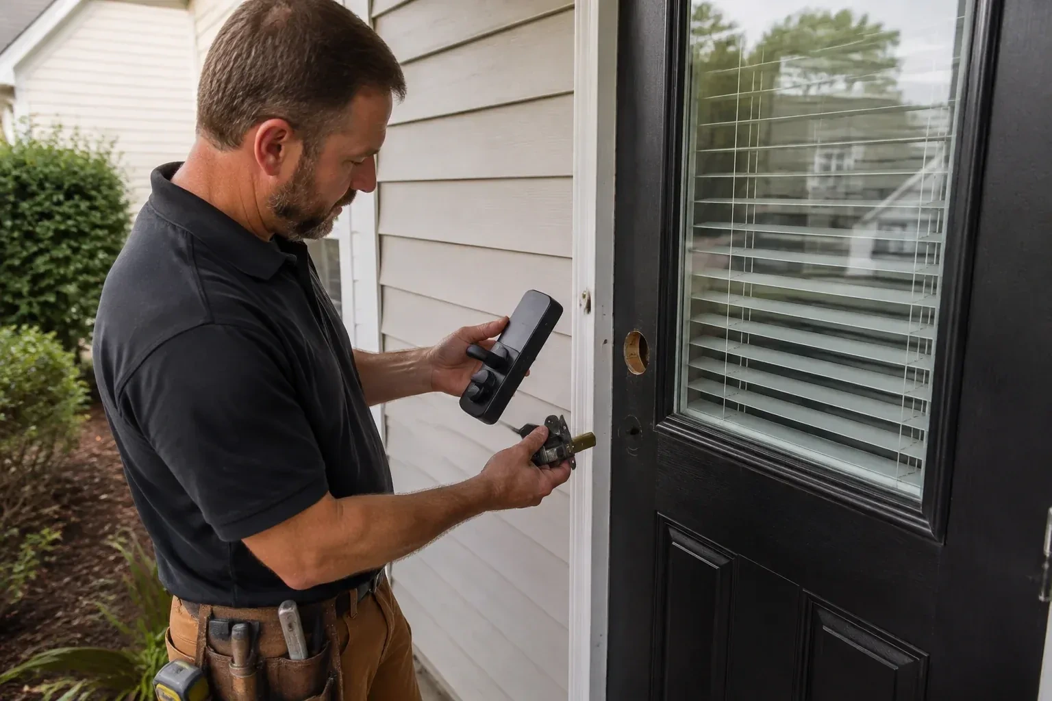 Person holding a black door-handle assembly and a latch beside a glazed door with exposed lock openings. — Smart Lock Installation, Uxbridge