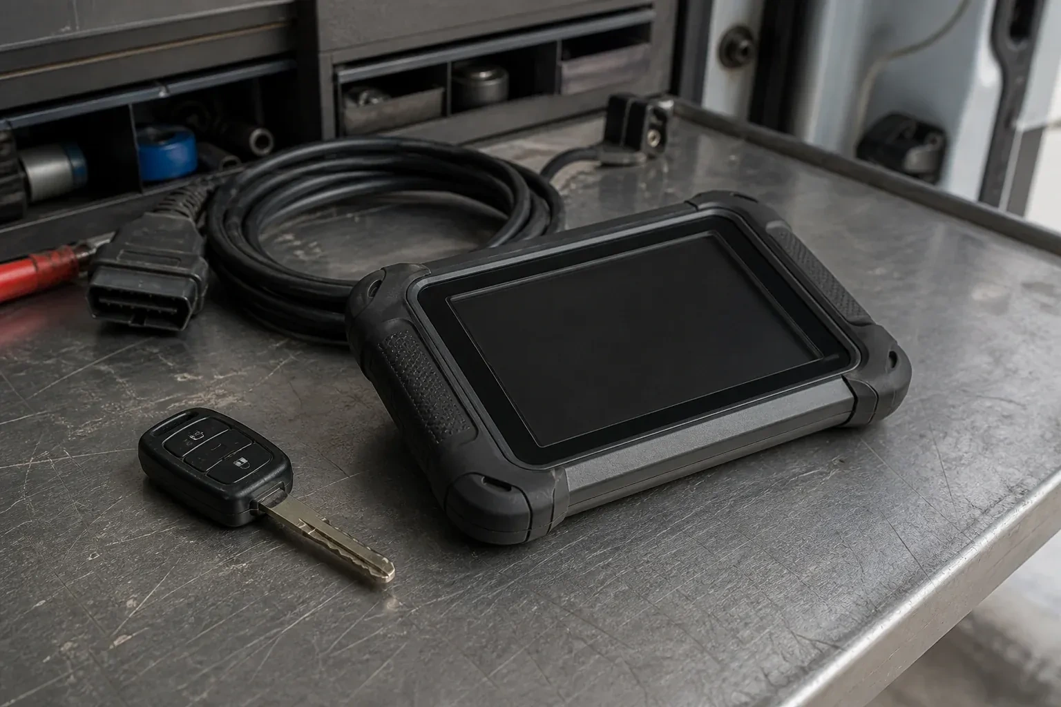 Vehicle key beside a dark diagnostic tablet and coiled connector cable on a workbench. — Transponder Key Programming, Uxbridge