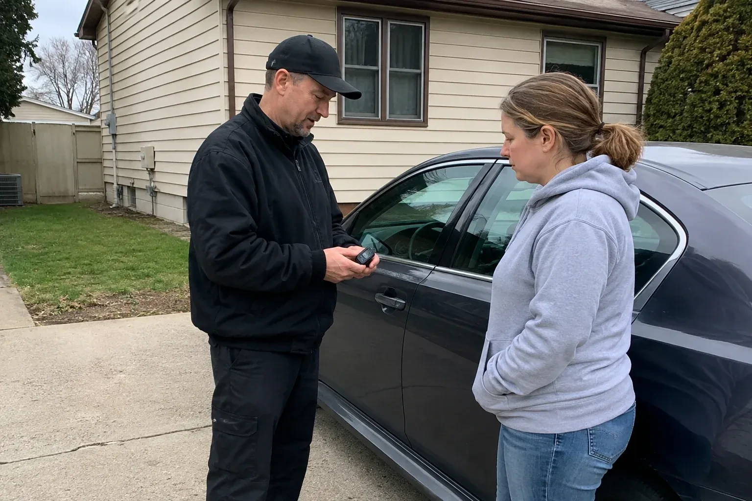 Two people standing beside a parked sedan, one wearing a cap and holding a small black device. — Vehicle Lock Repair, Uxbridge