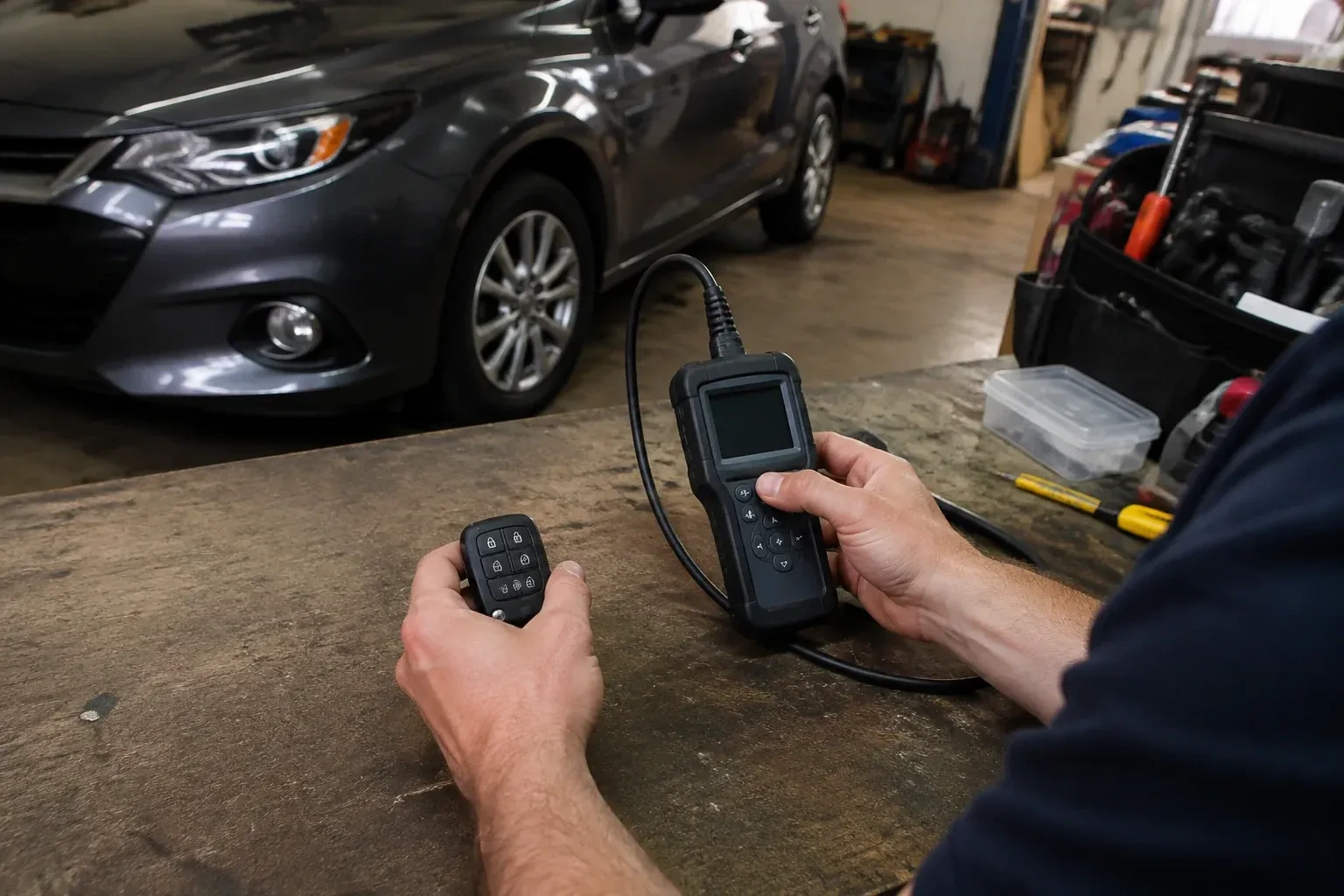 Hands holding a car-key fob and a small wired electronic device above a workbench in a garage with a parked car. — Key Fob Programming, Uxbridge
