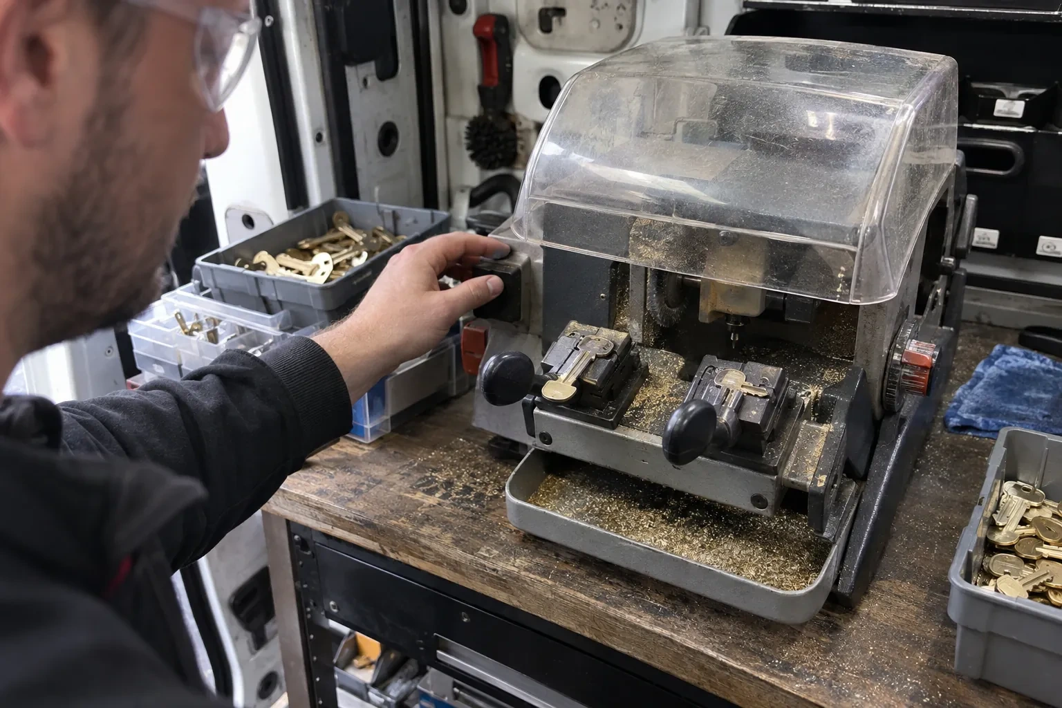 Person in safety glasses reaching for a key-cutting machine with a clear cover, beside trays of brass key blanks. — Spare Car Key Duplication, Uxbridge